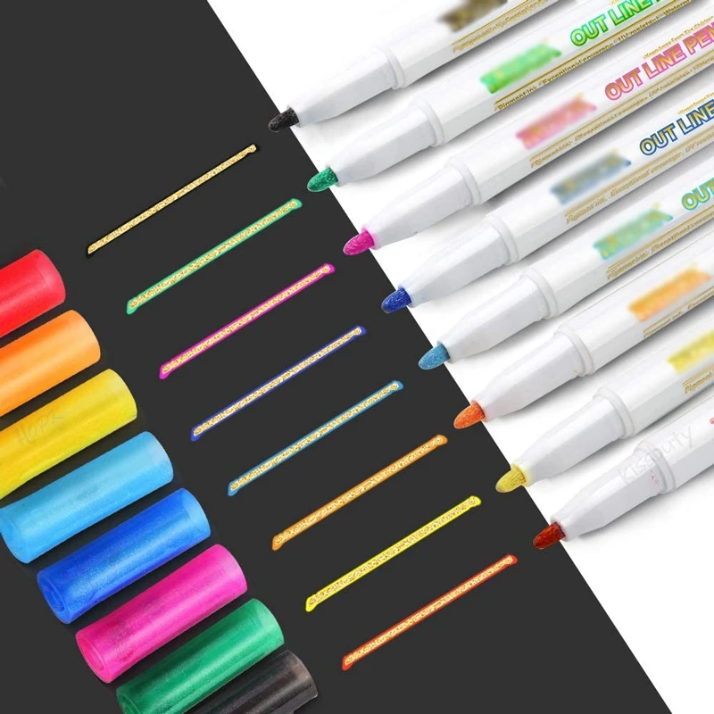 Metallic-Marker, Umrissstifte, 8 Farben, Double-Out-Line-Farbstift, Permanentmarker für Weihnachtskarten, Fels, Keramik – Detail 5