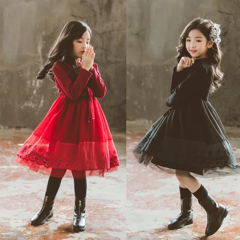 Одежда для больших девочек; Зима г.; бархатное плотное теплое платье принцессы с длинными рукавами; рождественское детское платье; Красное Кружевное лоскутное платье; Vestidos