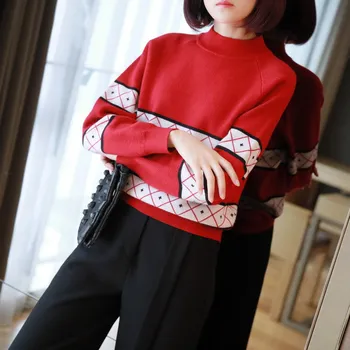 

Korean Short-fitting Thickener Women's Turtleneck Loose Stripe Red Ins Star OL Wearing