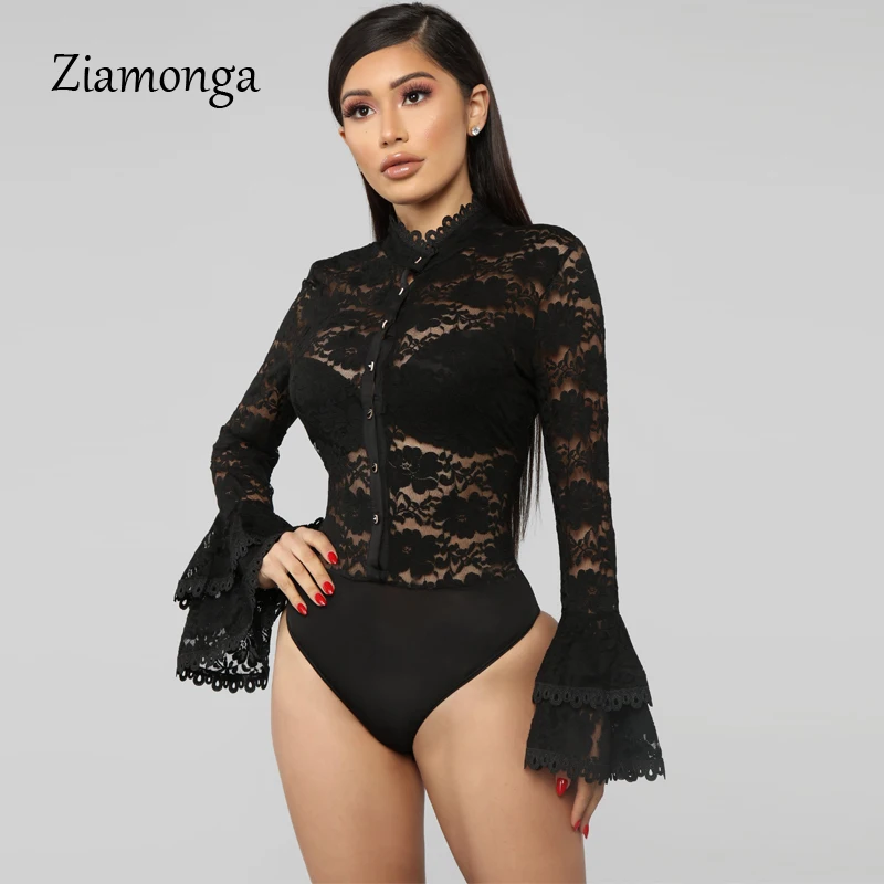 Ziamonga, сексуальный кружевной боди с цветочным рисунком, Женский расклешенный топ с длинным рукавом, белый и черный цвета, женские осенние костюмы, женские пижамы