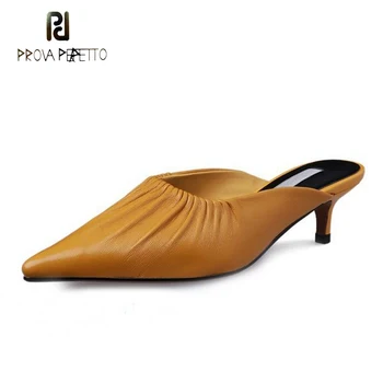 

Prova Perfetto Sexy Pointed Med Heel Half Slippers Women Pleated Design Solid Color Rose Red Slip on Mules Shoes Zapatos Mujer
