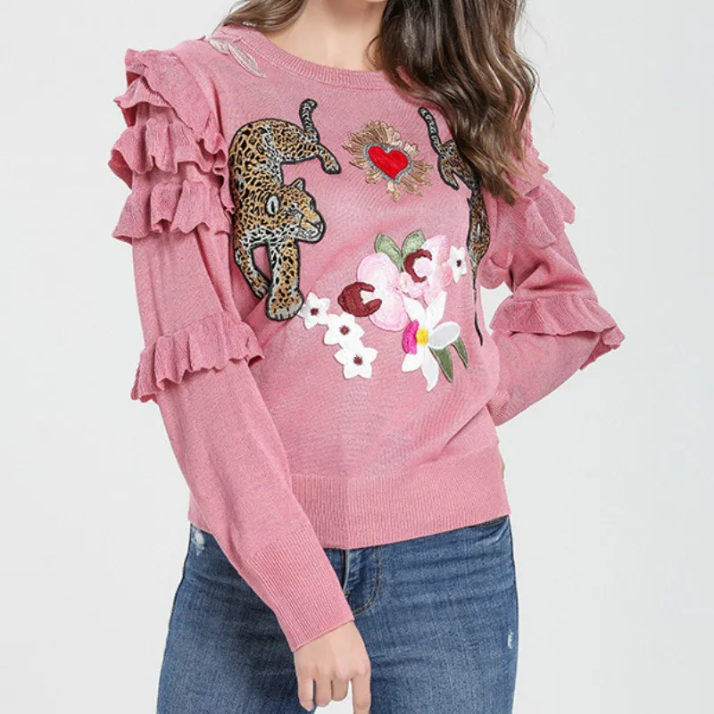 Women Luxurious Embroidered Leopard Pink / Black Knitted Long Sleeve Sweater Pullover with Frill Details | Женская одежда