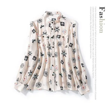 

New favors snowflakes geometric printing chest pockets long sleeves single breasted silk shirt