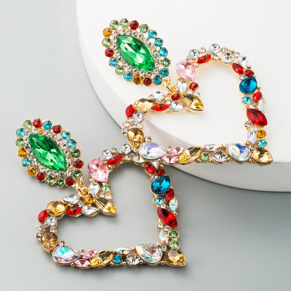 Shiny Crystal Rhinestone Heart Pendant Dangle Earrings For Women Jewelry Fashion Statement Earrings Accessories