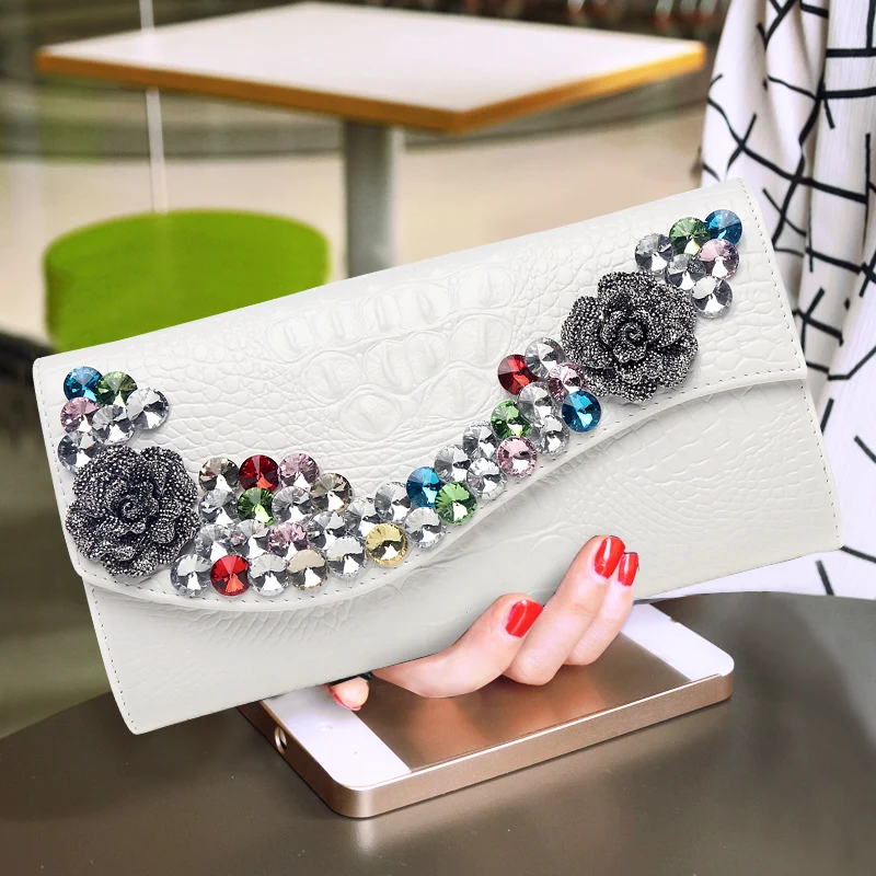 

2019 new diamond Women leather clutch bag female rhinestone clutch bag fashion large capacity clip package evening bags handbag