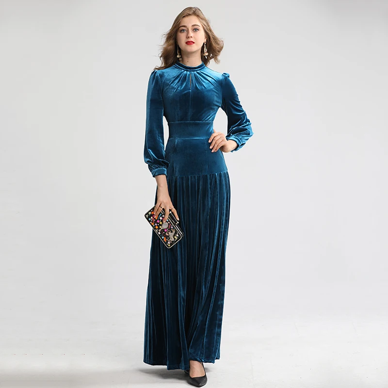 AELESEEN New Design High Quality Velvet Pleated Long Dresses Women European High Class Luxury Party Solid Maxi Dress