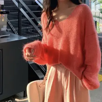 

Autumn Women Knitted Sweater Solid Color Pullover V Neck Sweet Loose Long-sleeve Knitwear Sweaters jumper pull femme
