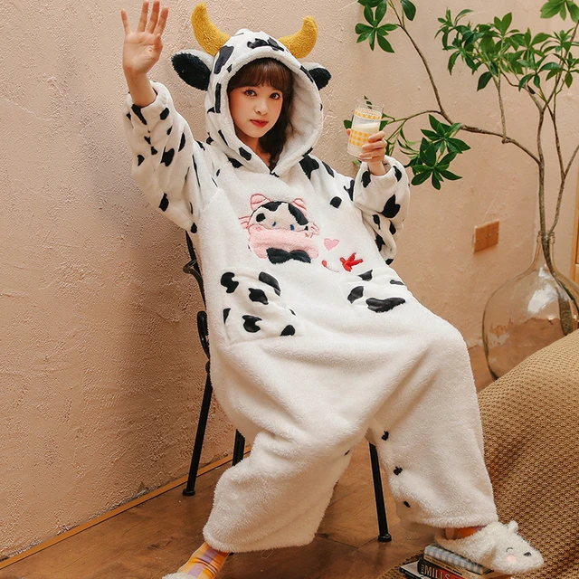 Conjuntos de pijamas de para mujer, mono de fiesta para adultos, ropa de dormir gruesa, Pijama suelto de Anime de vaca de pieza -