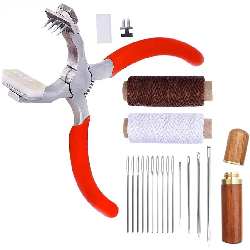 

LMDZ Stitching Hole Punch, 4mm Silent Rhombus Leather Hand Pliers with Leather Needle, Wooden Needle Case, Waxed Thread
