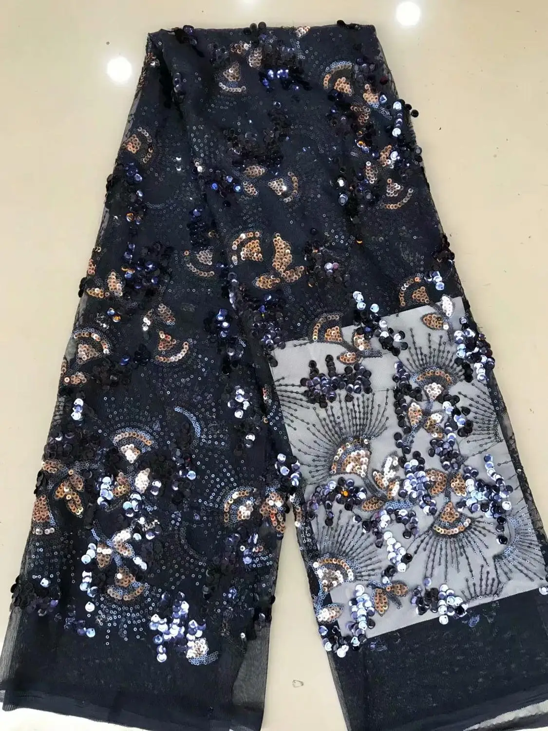 Темно-синяя кружевная ткань с блестками французская 3D кружевом красивое для