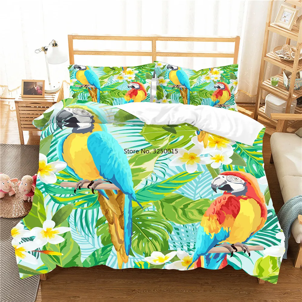 

2/3Pcs Hawaii Duvet Cover Set Tropical Plant Leaves Flower Bedding Set Cartoon Bird Soft Microfiber Kids Bedroom Decor Bedspread