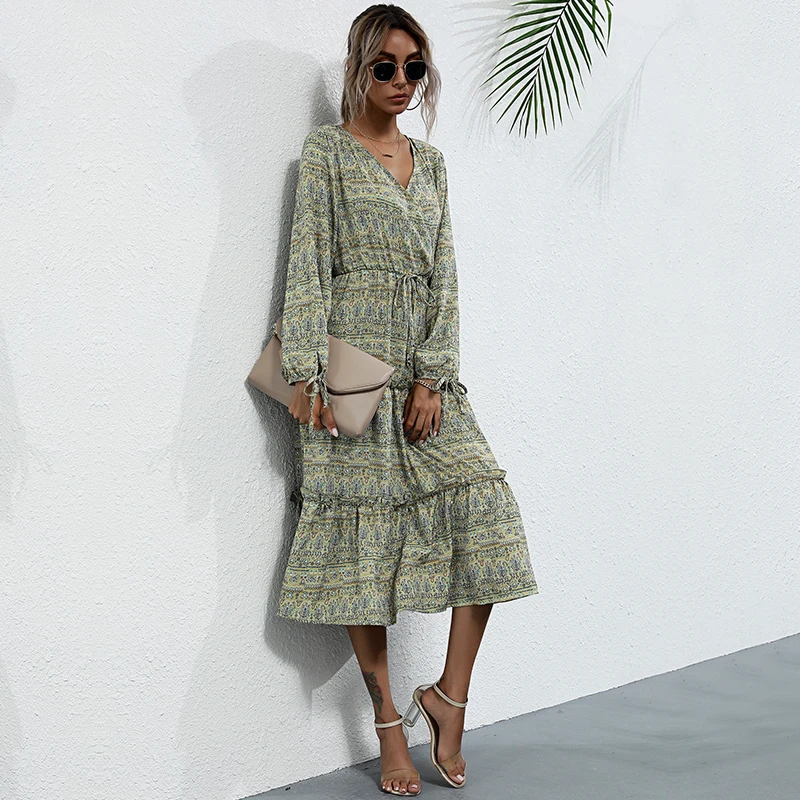 

2020 autumn dress women long sleeve v-neck holiday aesthetic vintage soft clothes boho midi holiday fall dresses new trend XL