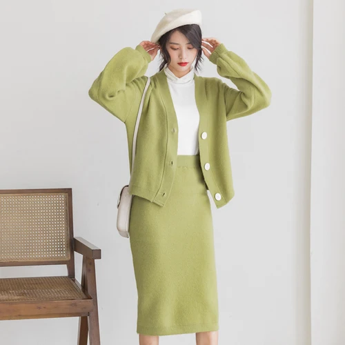 Осень, Женский вязаный комплект, белый свитер, короткий кардиган, миди, посылка, элегантная женская юбка - Цвет: green