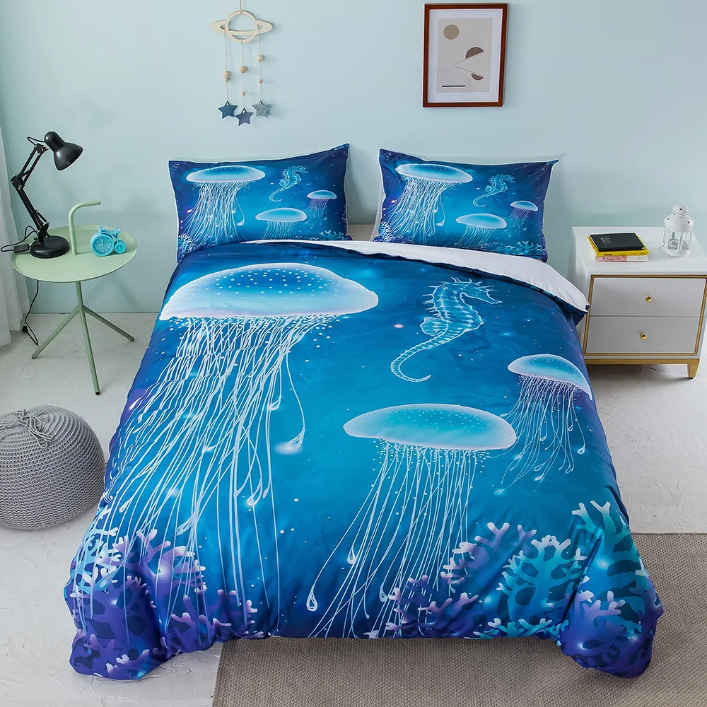

Quilt Cover Pillowcase Ocean Series Three Piece Set Full Mandala Elephant Boho Quilt Bedding Bag Sets Marine Jellyfish Bedding