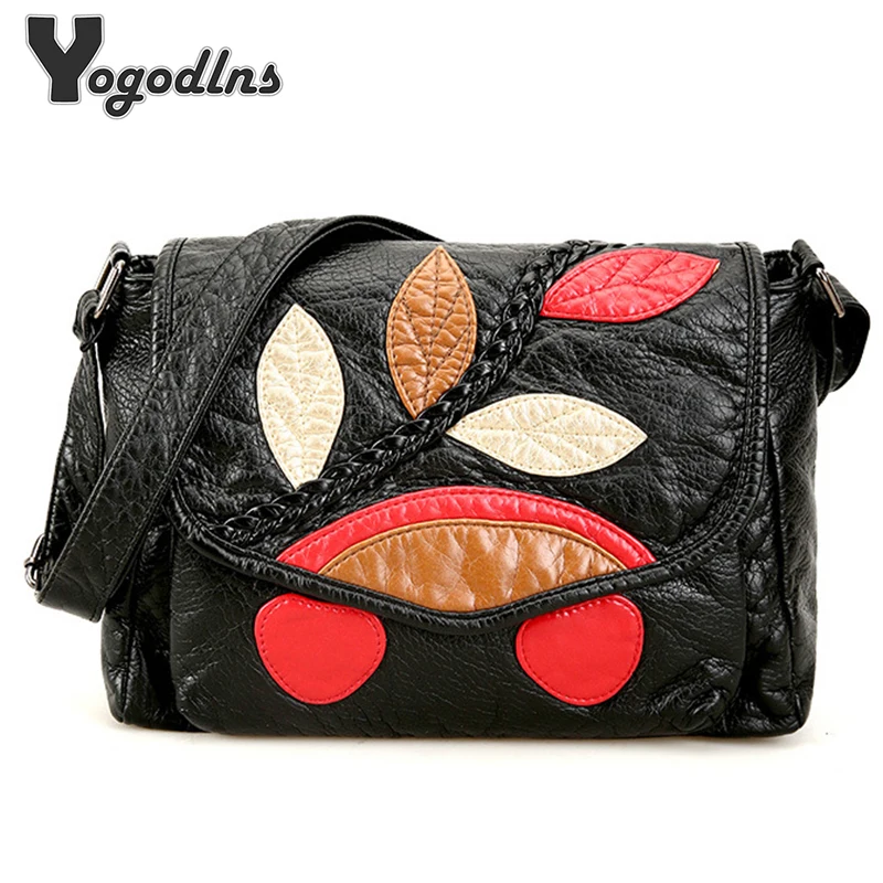 

Female Small Bag Women Mini Soft PU Fashion Shoulder bag Colorful Leaves Decorated Crossbady bag Ladies Black Messenger Bag