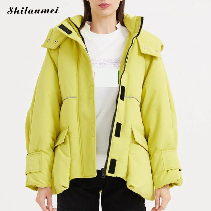 lemon yellow Новинка, зимняя куртка для женщин, свободный длинный пуховик на белом утином пуху, толстая теплая пуховая парка с капюшоном, на молнии, с карманами, парка Shilanmei - Цвет: lemon yellow
