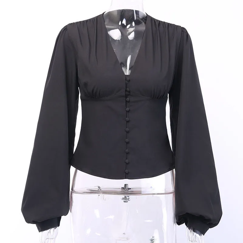Yuqung Осень черный фонарь с длинным рукавом фонари женские кроп топы и блузки v образным вырезом Кнопка Офисная Женская рубашка блузка туника