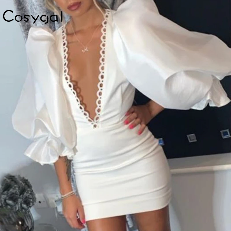 COSYGAL Hollow Out Low Cut Sexy White Dresses Bodycon Night Party Dress Club Long Sleeve Autumn Winter Dress Women Vestidos