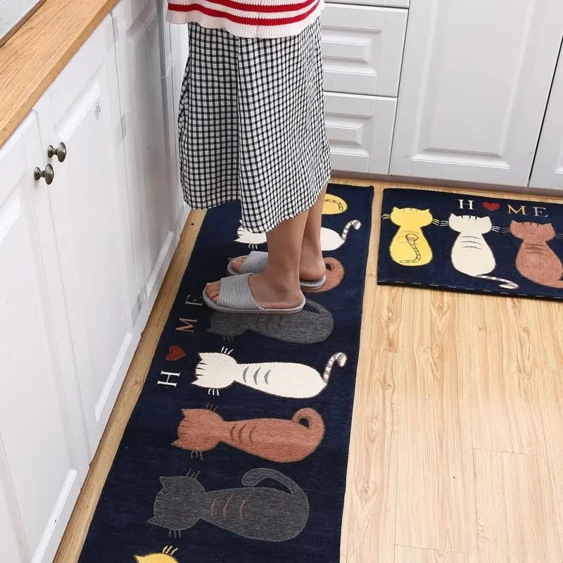 Floor Mat Kitchen Floor Mat Entrance Doormat Anti-Slip Carpet Cat Printed Water Absorbent Long Hallway Living Room Area Rugs Home Decor