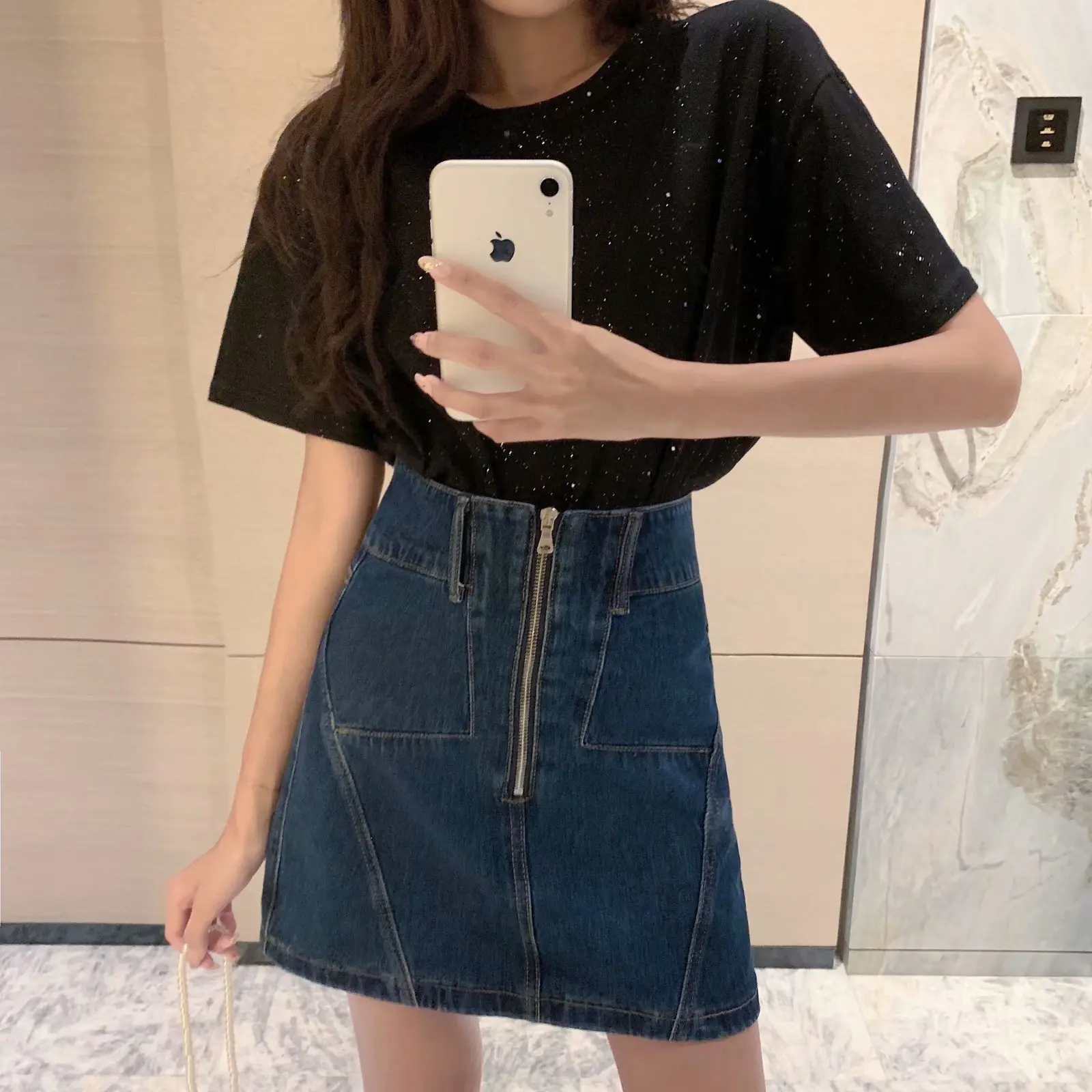 

Large Size Skirt Plus-sized Womenswear Mm High-waisted Slimming A- line Skirt Plus-sized 200 Large GIRL'S Cowboy Short Skirt Fas