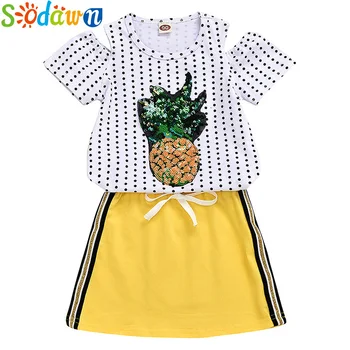 

Sodawn 1-6T Toddler Infant Baby Girl Sequin Pineapple Top Cold Sleeve T-shirt Mini Skirt Dress 2Pcs Outfit