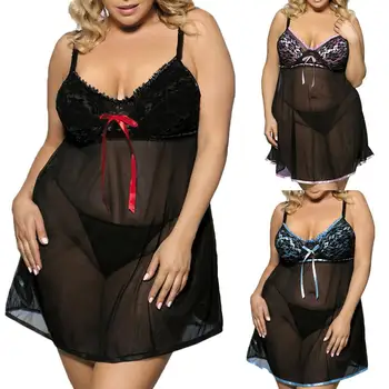 

Erotic Costumes Women's Lace Sexy Lingerie Plus Size Transparent Mesh Nightdress Babydoll Sexy Underwear Porno Bow Sleepwear 6XL