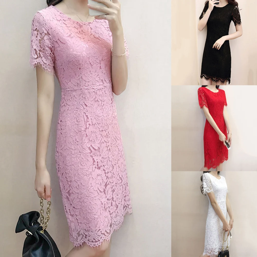 Summer Women fashion lace Dress Round Neckline Short Sleeves Crochet Lace Dress