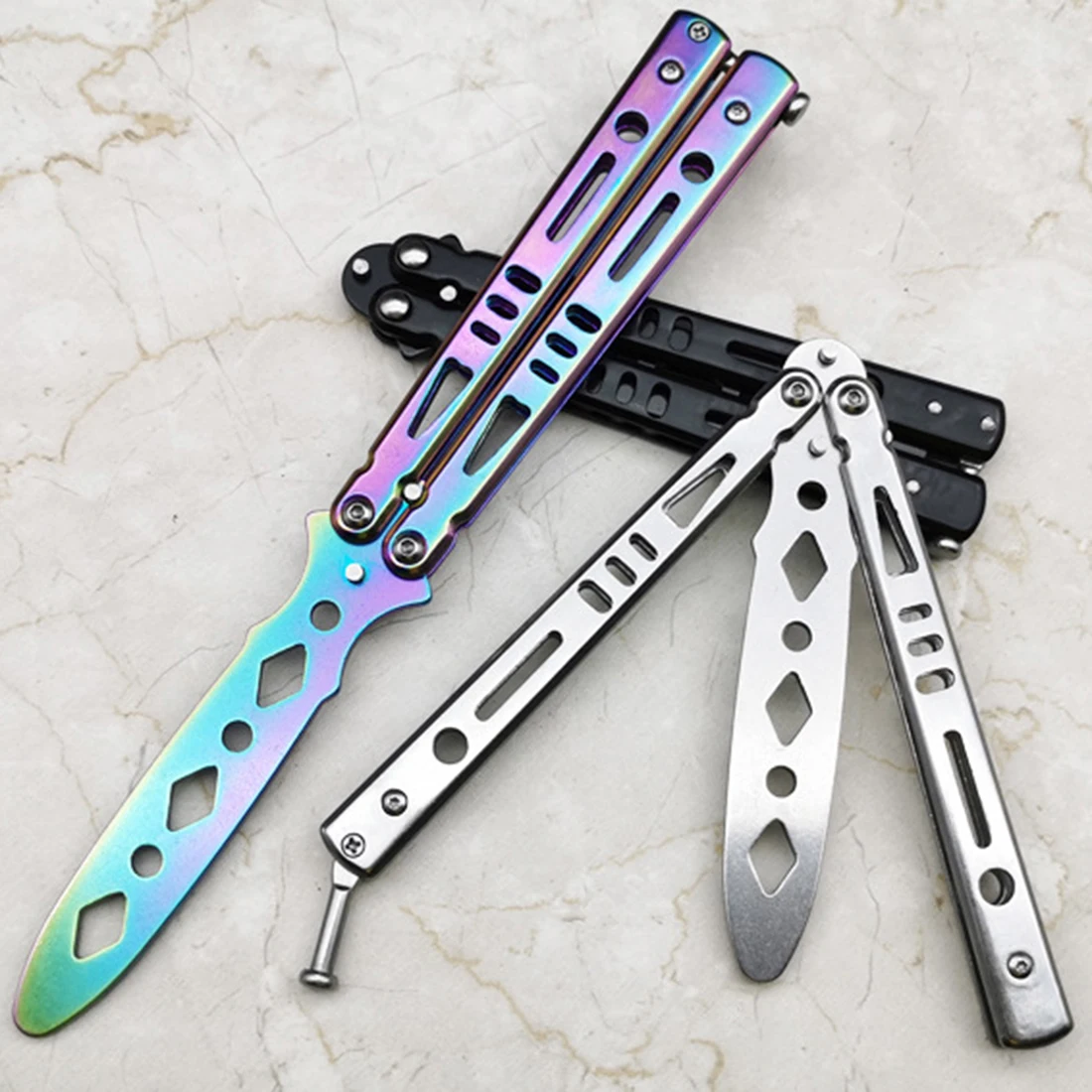 

ZIYLCO Colorful Stainless Steel Butterfly Training Knife Outdoor Knife Competition Knife Blunt Tool No Blade Balisong Trainer
