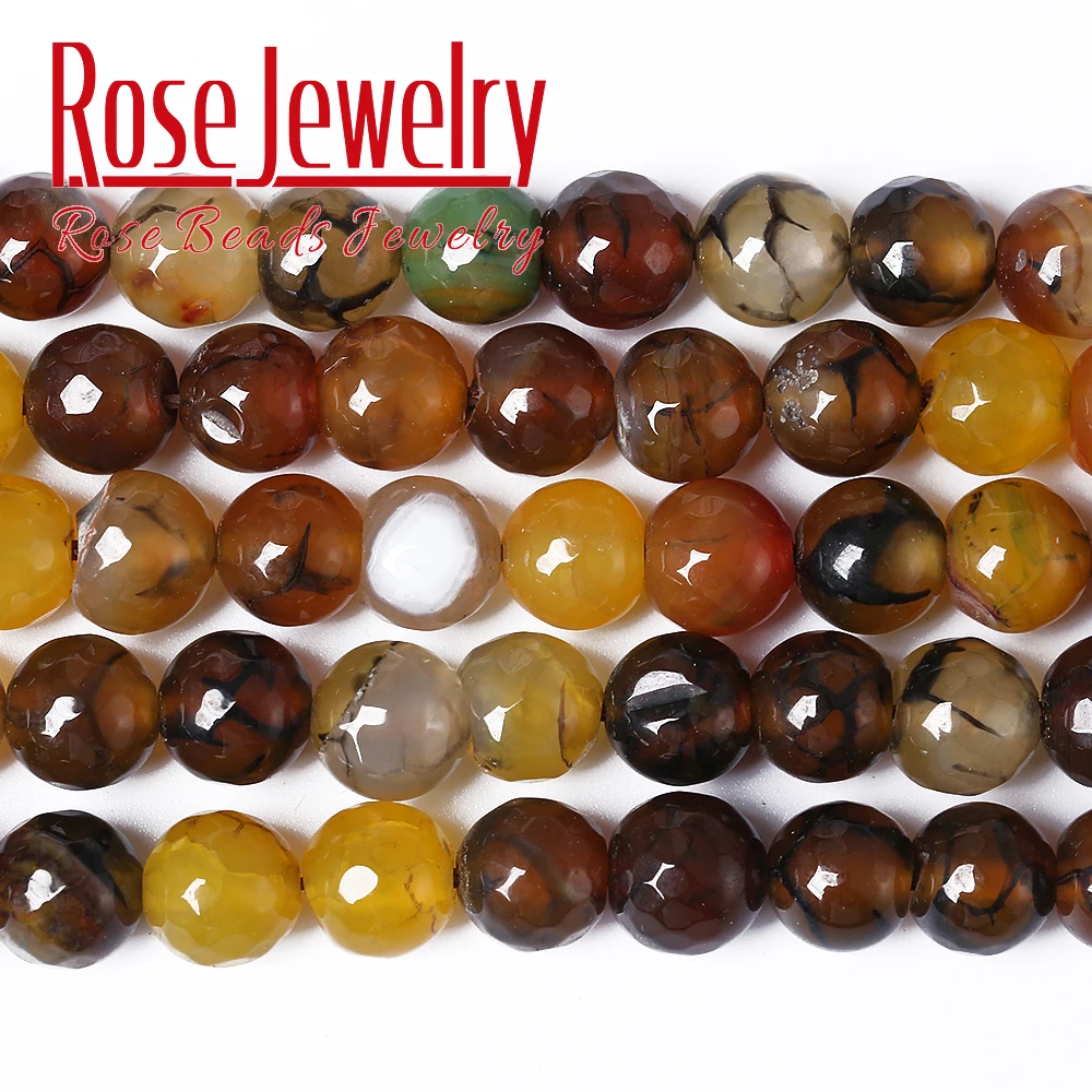 Factory Price Natural Stone Faceted Yellow Dragon Vein Agates Round Loose Beads 15&quot 6 8 10 12 MM for Jewelry Making DIY Bracelet |