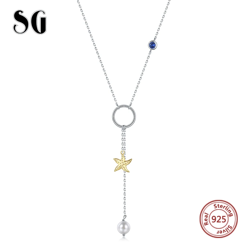 

SG 925 sterling silver pearl necklaces for women fashion Gold Starfish cute animal necklace jewely gifts free shipping