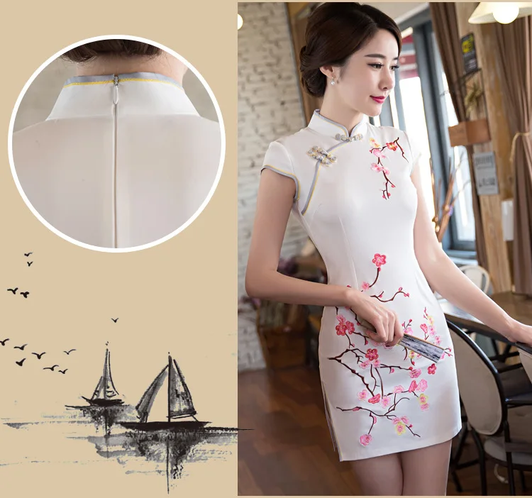 Цветочное вышитое платье-чанпао винтажный китайский воротник Qipao Новинка тонкий короткий рукав Улучшенный чёнсам Vestidos плюс размер s-xxl