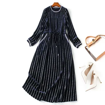 

Women girls fashion striped plus size velvet dress a line round collar new 2019 autumn winter long sleeve dresses blue