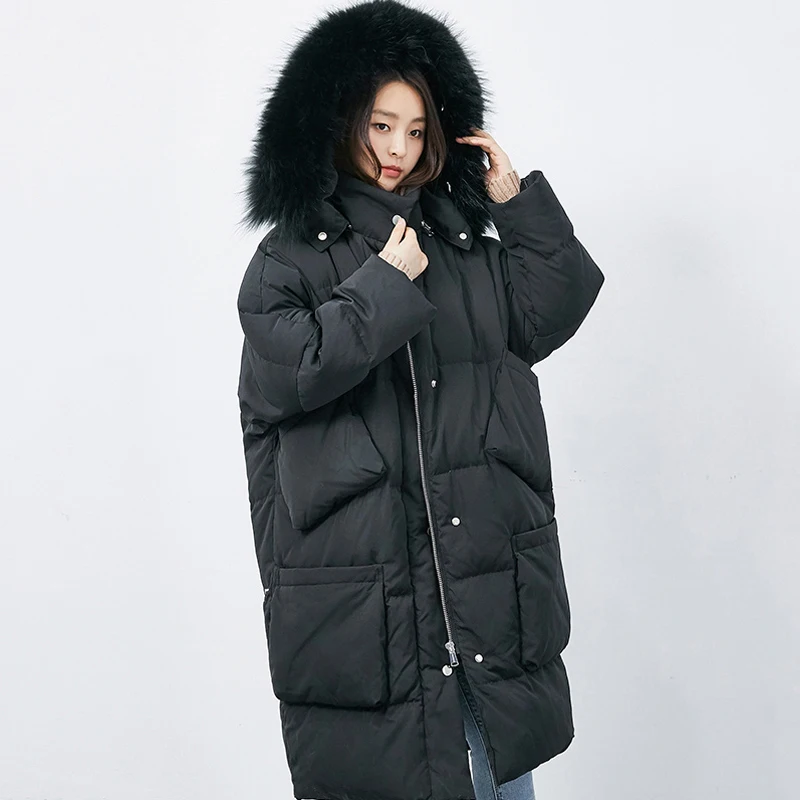 

Winter Women Large Real Fox Fur Collar Hooded White Duck Down Parkas Big Pocket Removable Hat Long Jacket Loose Outwear