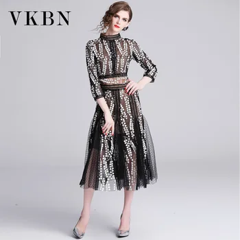 

VKBN Summer Sexy Dresses Party Night Club Dress 2020 Three Quarter Embroidery Floral Turtleneck Vestidos De Fiesta