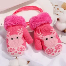 Зимние теплые детские перчатки для девочек и мальчиков с милым рисунком оленя, вязаные эластичные варежки, Детские утепленные перчатки на палец