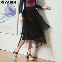 Черная юбка с высокой талией, средняя длина, стиль, осенне-зимняя кружевная длинная облегающая газовая юбка