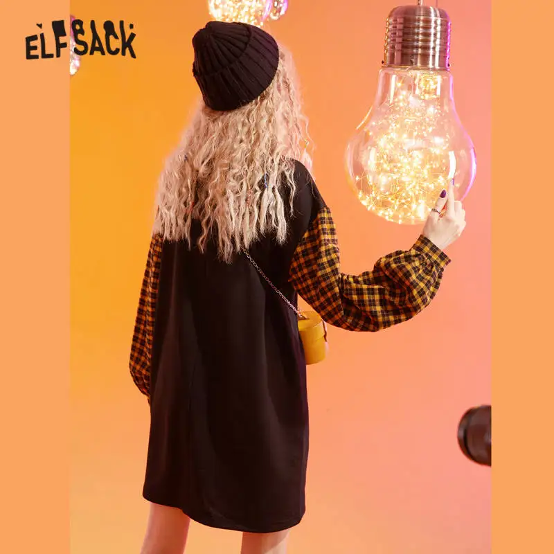 Женское платье ELFSACK с принтом черной богини, зима, клетчатое лоскутное платье с рукавом-фонариком, офисное женское Повседневное платье из двух частей