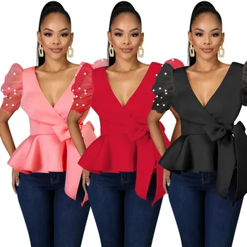 

Sexy Blouse Tops Peplum V Neck Patchwork Short Sleeve Beading with Waist Belt Red Black Tops Shirts Party Fashion Night Date Out