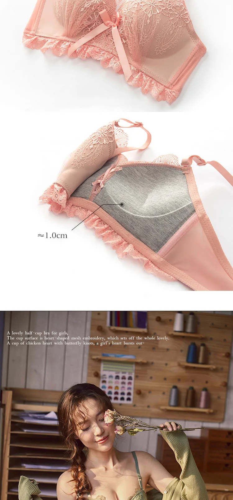 Roseheart Winter Women Fashion Green Padded Lace Trim Straps Bras Cotton Panties Push Up Bra Set Sexy Lingerie Set Underwear