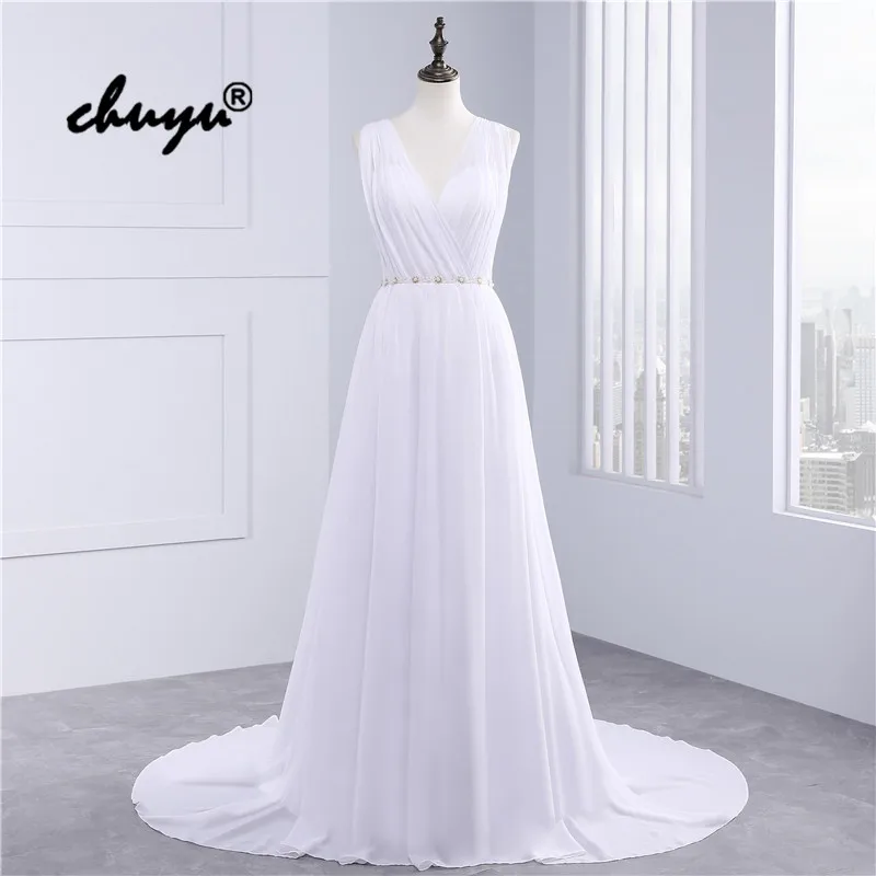 

Real Photo Muslim Summer Wedding Dress V-Neck Chiffon Simple Boho Dubai Arabic Wedding Gown Bridal Dress