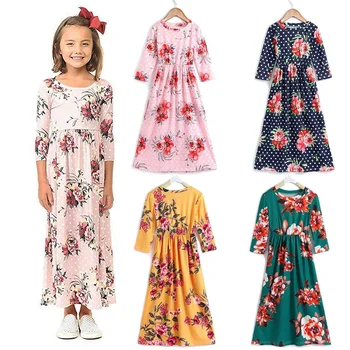 

MUABABY Girls Floral Maxi Dress Three Quarter Dots Casual Frocks Children Bohemian Flower Printed Party Gown Kids Beach Clothes