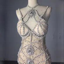  Sparkly Silver Crystals Mesh Bodysuit Women Deep V-neck Leotard Female Bar Dance Stage PartyNightclub show singer dance Costume 