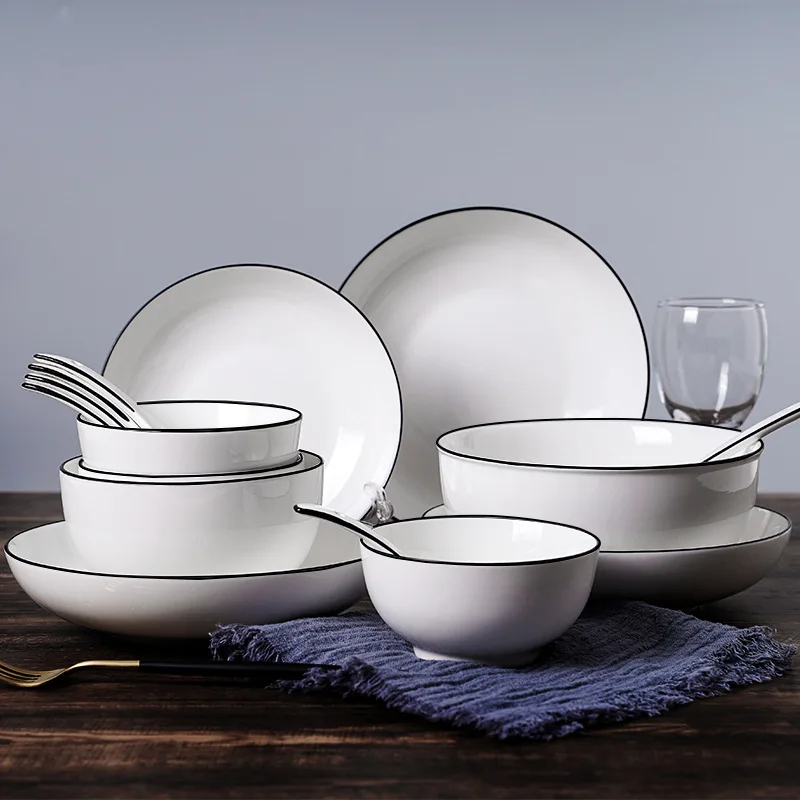 Platos y cuencos de cerámica blancos con borde negro, vajilla Simple de  arroz sólido para el hogar, cubiertos ecológicos, accesorios de cocina -  AliExpress