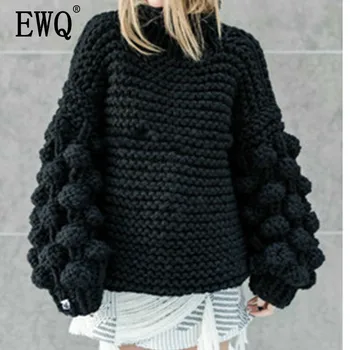 

[EWQ] Knitting Gray Lantern Sleeve Three-dimensional Sweater Loose Fit Round Neck Women New Fashion summer Autumn 2020 OB1350