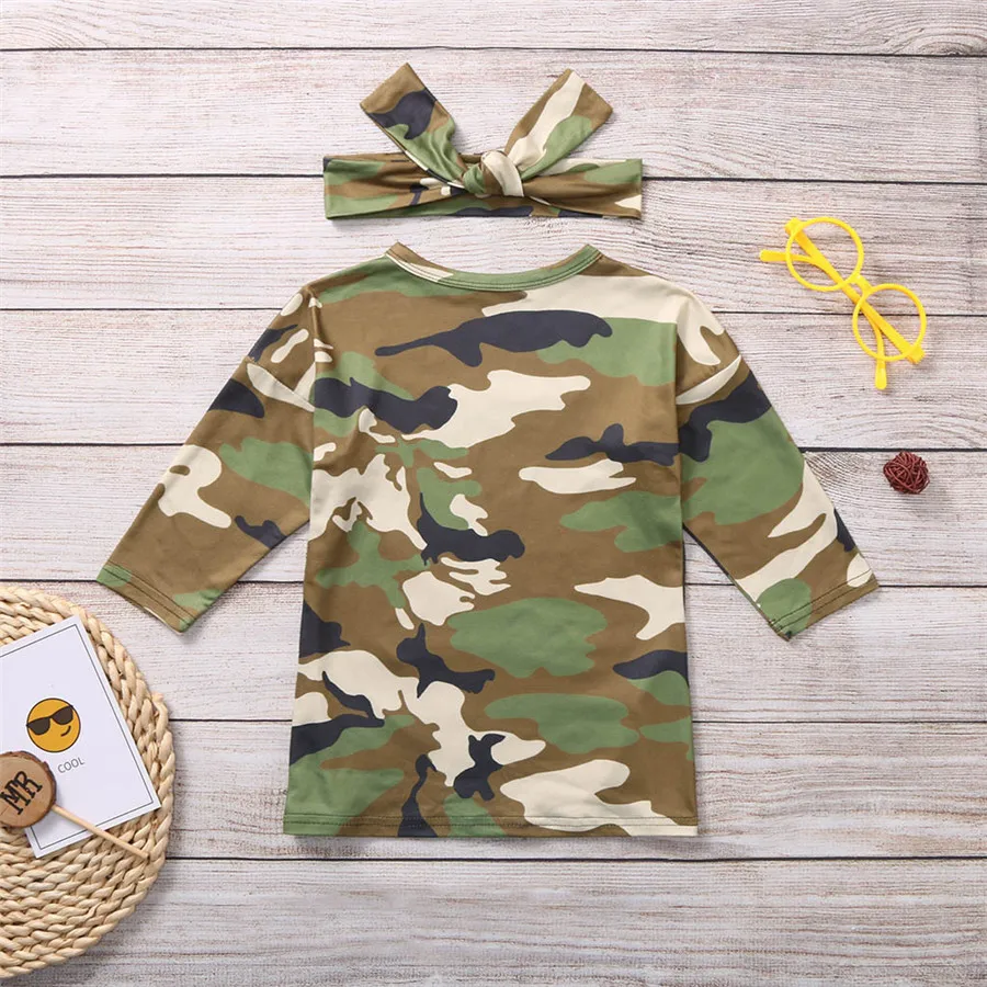 Toddler girl clothes set camouflage printed princess dress set + headscarf long sleeve camouflage print dress headband set 40A1 (6)