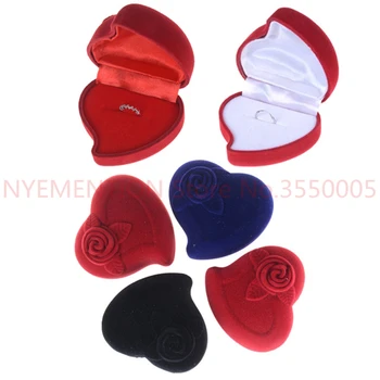 

Rose Flower Design Gifts Holder Red Heart Shape Velvet Ring Box Engagement Wedding Jewelry Boxes for Lover 20pcs