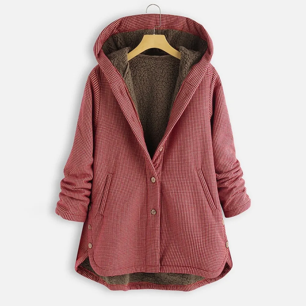 5xl размера плюс клетчатое Фланелевое пальто для женщин с капюшоном, свободная верхняя одежда, зимняя теплая Женская винтажная Асимметричная клетчатая куртка с капюшоном#15