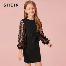 SHEIN Kiddie Black Girls Mesh Appliques Sleeve Cute Dress With Belt Kids Autumn Long Sleeve Zipper Back Bodycon Dresses