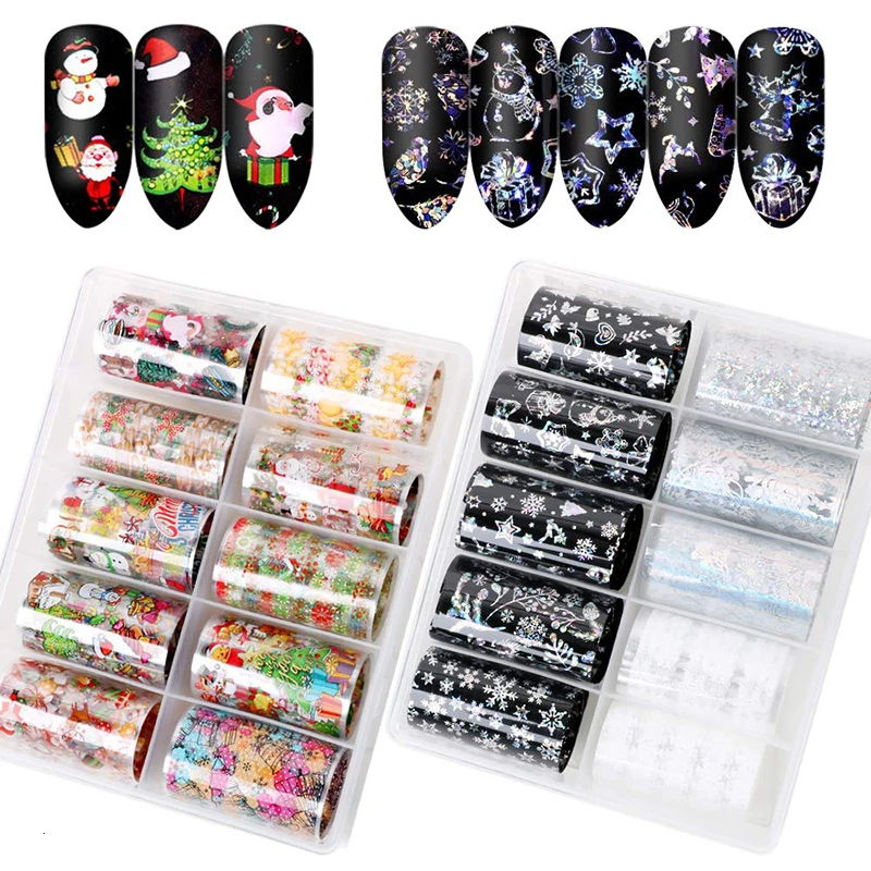 10 Rolls Christmas Decorations For Nails Mix Colorful Transfer Nail Foil Sticker Snow Flower Gift Santa Pattern Nail Accessoires