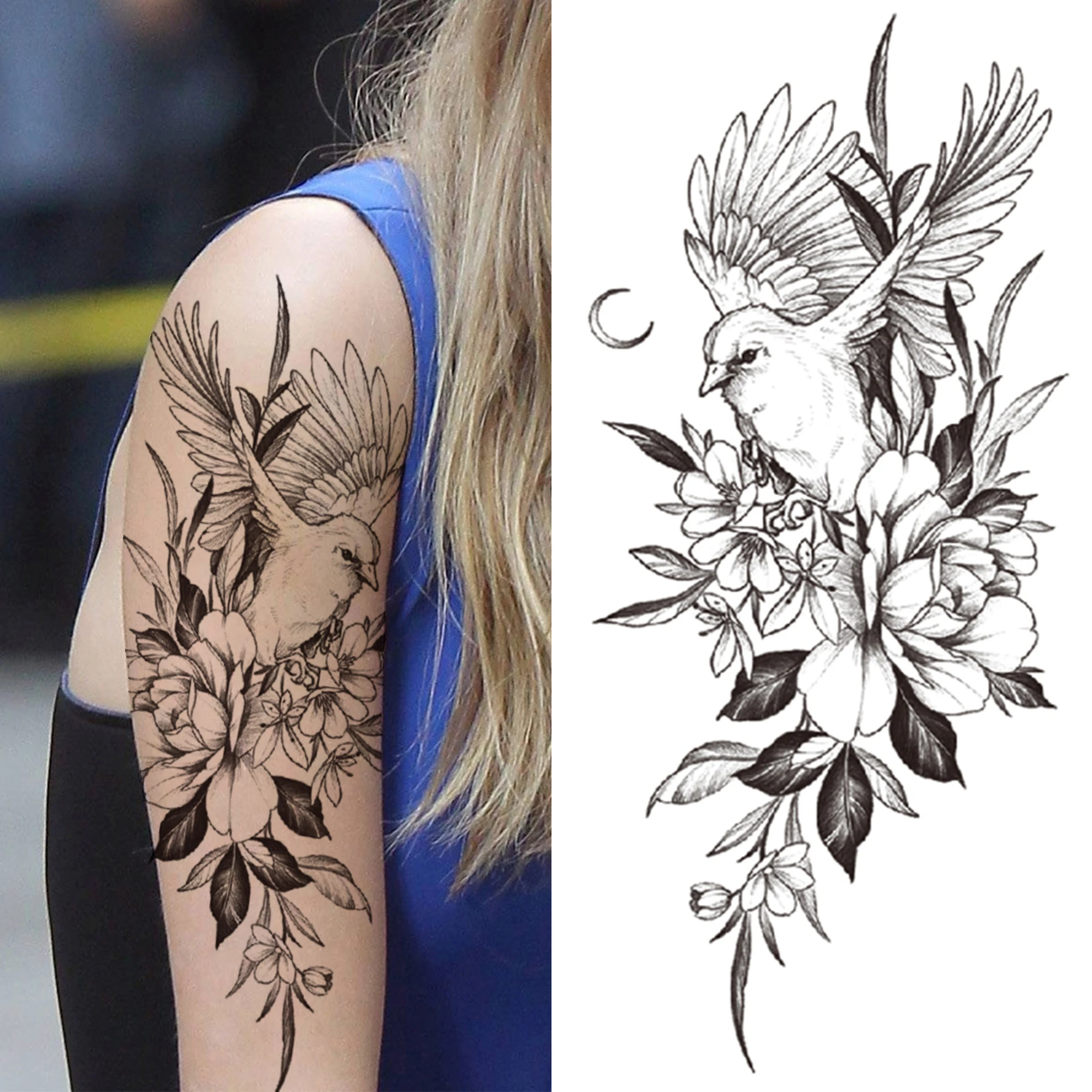 Tatouage Oiseau Et Fleur Bras Tatouages Temporaires Pour Adultes, Fleurs D'oiseaux, Pour Femmes, Filles,  Dahlia, Orchidée, Rose, Pivoine, Autocollant, Bouquet 3d, Faux Tatouages En  Papier - Temporaire Tatouages - AliExpress
